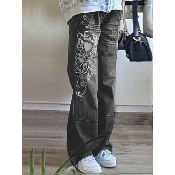 Women's Wide Leg Denim Cargo Pants Low Rise Heart Pattern Baggy Jeans - Picture 2 of 7